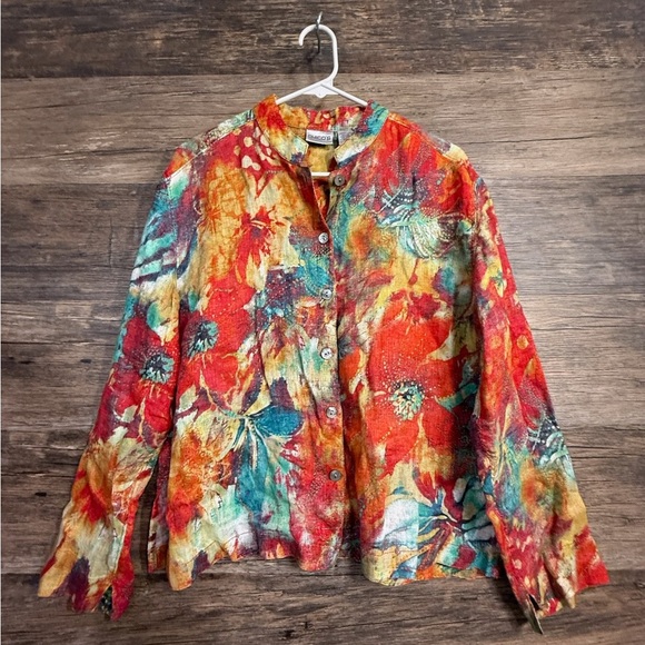 Chico's Multicolor Floral Button Down Shirt 100% Linen - Picture 1 of 5